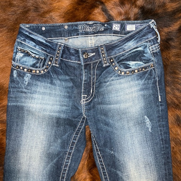 Miss Me Gorgeous Heavy Studded Distressed Boot Cut Blue Jeans - Picture 2 of 16